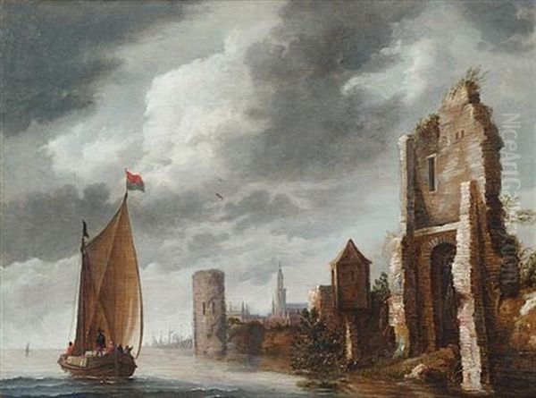 A River Landscape With Ruins On The Bank And A View To A City Beyond Oil Painting by Pieter Segaer