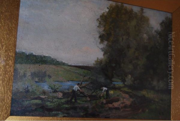 Study Of Woodcutters On A River Bank Oil Painting by George A. Boyle