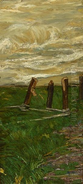 Frammento Di Paesaggio - Auch: Studio Di Un Campo Con Paletti Oil Painting by Giovanni Segantini