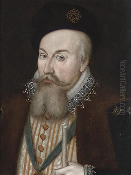 Portrait Of Sir Robert Dudley, Earl Of Leicester, Bust Length In A White Doublet Embroidered With Gold And A Fur-trimmed Robe, A Black Cap And The Sash Of The Order Of The Garter Oil Painting by William (Sir) Segar