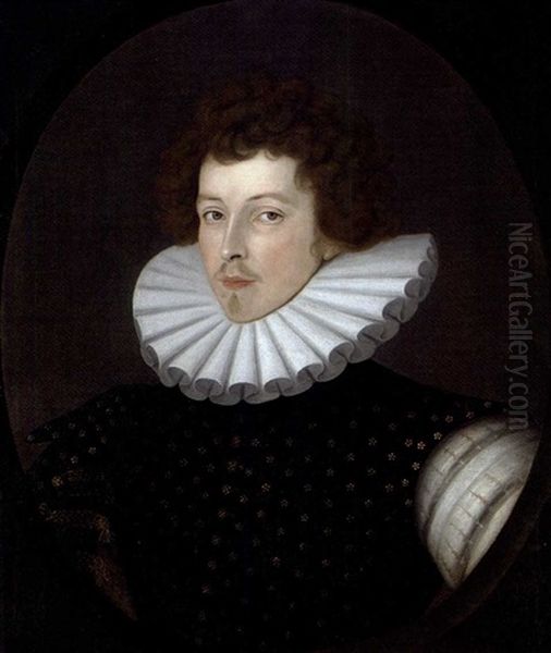 Portrait Of Sir Henry Kingsmill In A Black Embroidered Doublet With A White Ruff Oil Painting by William (Sir) Segar