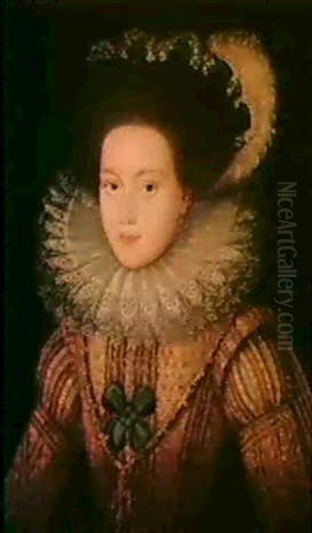 Portrait Of A Lady, Said To Be Mary Queen Of Scots, Half    Length, Wearing A Gold Embroidered Dress, And Lace-edge Ruff Oil Painting by William (Sir) Segar