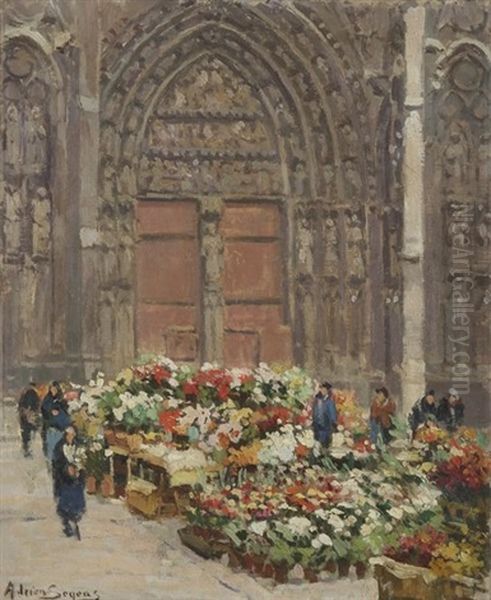 Rouen, Le Marche Au Fleurs Devant La Cathedrale Oil Painting by Adrien Segers