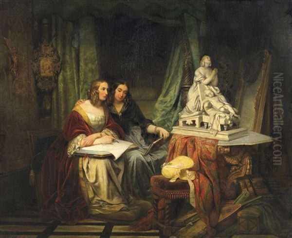 Die Zeichenstunde. Zwei Junge Damen Im Boudoir, Eine Marmorskulptur Skizzierend Oil Painting by Cornelius Johannes Adrianus Seghers