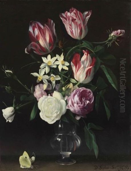 Roses, Tulips, And Narcissi In A Glass Vase, With A Butterfly, On A Ledge Oil Painting by Daniel Seghers