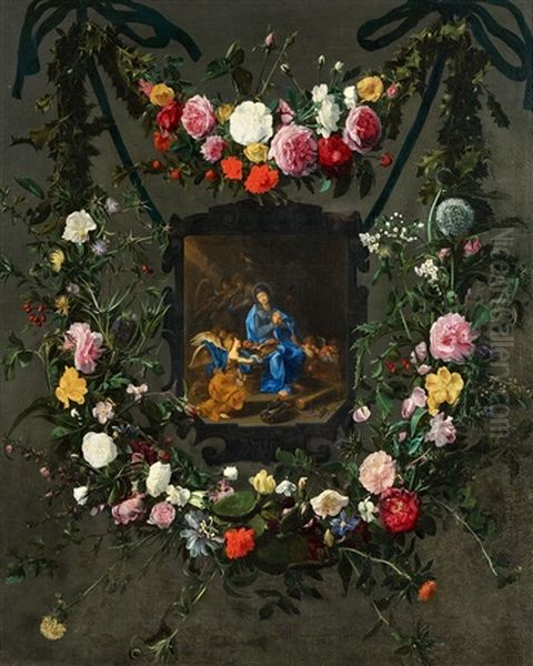 A Medallion In A Floral Garland Oil Painting by Daniel Seghers