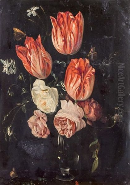 Tulipes Et Roses Dans Un Vase En Cristal Oil Painting by Daniel Seghers