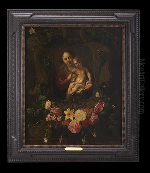 Virgin And Child In A Cartouche With Flowers And Butterflies Oil Painting by Daniel Seghers