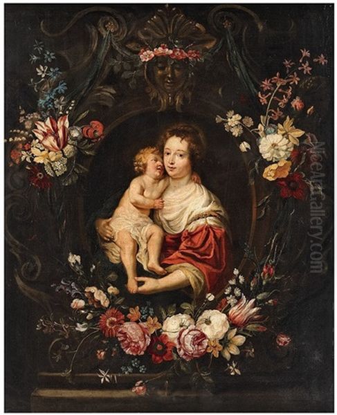 The Virgin And Child Within A Stone Cartouche With Floral Garlands Oil Painting by Daniel Seghers