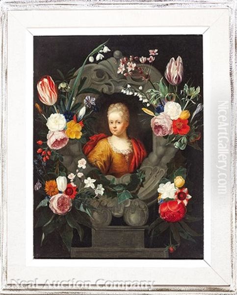 Bust Of Woman Surrounded By A Floral Cartouche Oil Painting by Daniel Seghers