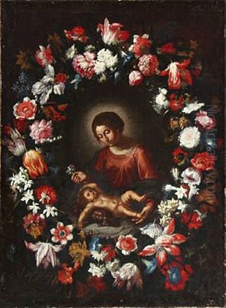 The Virgin Mary And The Infant Jesus Surrounded By A Large Festoon With Numerous Flowers Oil Painting by Daniel Seghers