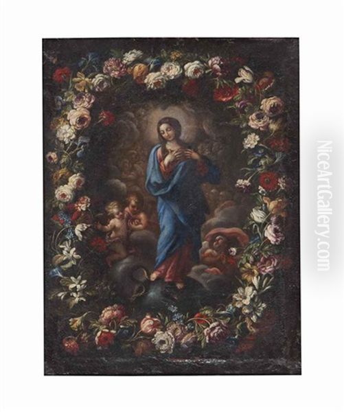 The Virgin And Child And Putti Surrounded By A Garland Of Flowers by Daniel Seghers