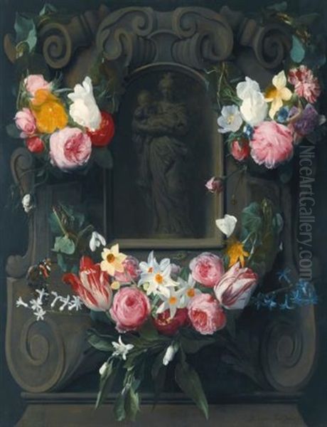 Swags Of Flowers Adorning A Cartouche With The Virgin And Child Oil Painting by Daniel Seghers