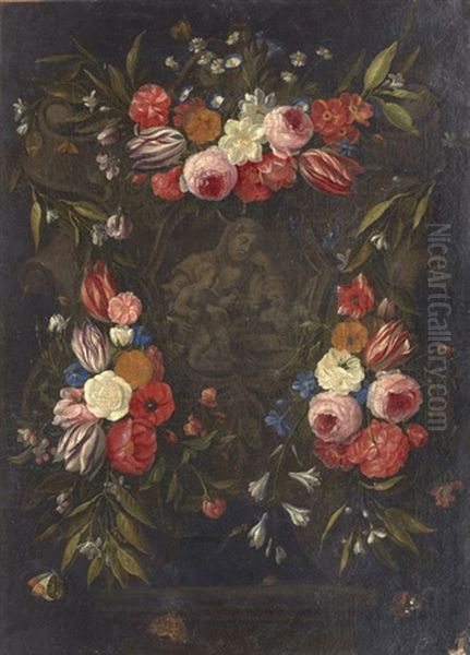 Guirlande De Fleurs Entourant Une Representation De La Vierge, L'enfant Jesus Et Saint Jean En Camaieu Oil Painting by Daniel Seghers