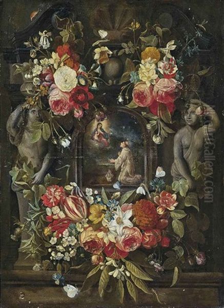 The Virgin And Child Appearing Before A Saint, In A Sculpted Cartouche, Surrounded By A Garland Of Roses, Tulips, Narcissi, Carnations... Oil Painting by Daniel Seghers