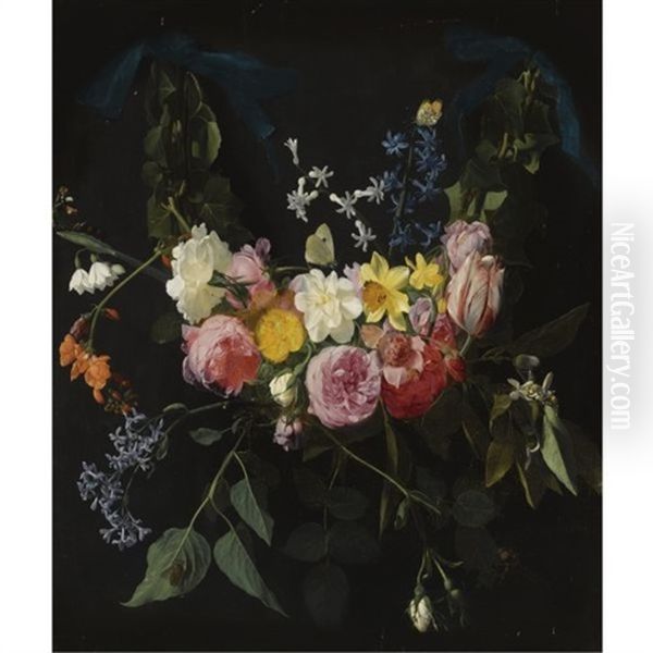 A Swag Of Flowers, Including A Provins Rose, An Austrian Briar, A White Rose, Incomparabilus Narcissus And A Hyacinth, Bound By Ivy And Suspended From Two Blue Silk Ribbons, With Butterflies And A Dragonfly Oil Painting by Daniel Seghers