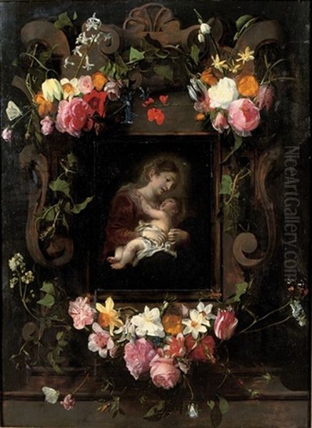 A Stone Cartouche Surrounded By Garlands Of Roses, Tulips, Narcissi And Other Flowers And Butterflies With The Madonna And Child (collab W/cornelis Schut) Oil Painting by Daniel Seghers