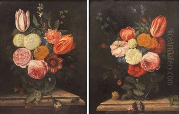 Vase De Fleurs Et Papillons Sur Un Entablement (pair) by Daniel Seghers