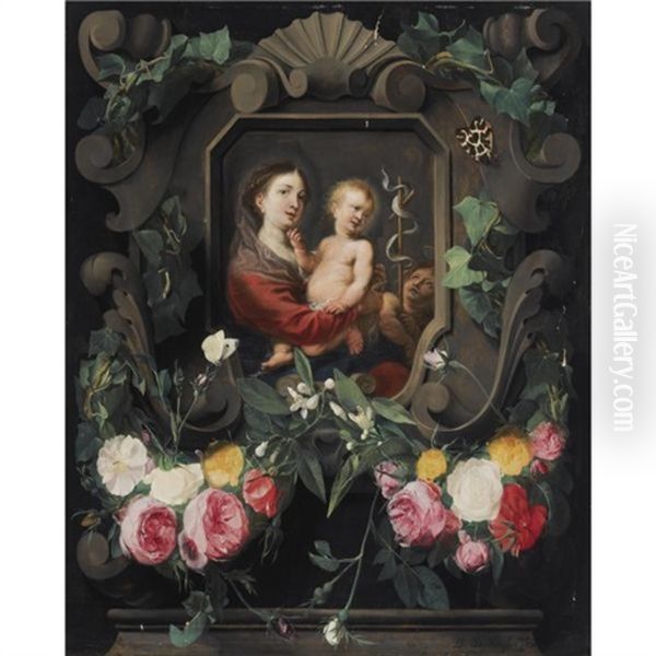 The Virgin And Child With The Infant Saint John, In A Stone Cartouche, Decorated With A Garland Of Roses, Snowdrops And Ivy, Together With Two Butterflies Oil Painting by Daniel Seghers