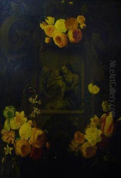 Guirlande De Fleurs Avec Dans Un Medaillon En Grisaille La Vierge A L'enfant Et Sainte Anne Oil Painting by Daniel Seghers