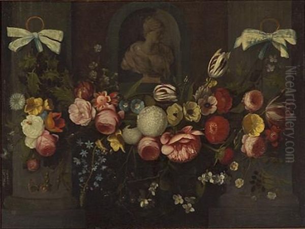 A Garland Of Holly, Tulips, Roses And Other Flowers Beneath A Sculptural Bust In A Niche Oil Painting by Daniel Seghers