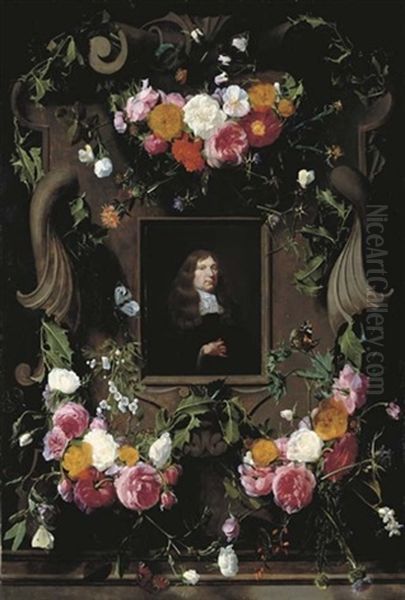 A Cartouche Surrounded By Garlands Of Roses, Thistle, Holly And Other Flowers And Butterflies With A Later Portrait Of A Gentleman, In A Black Cloak With A Lace Collar Oil Painting by Daniel Seghers