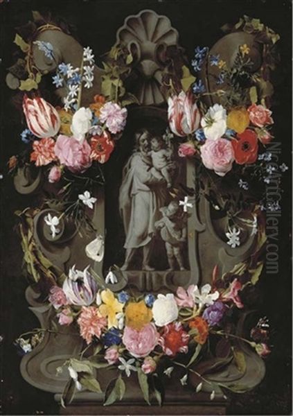 Saint Joseph And The Christ Child Within A Cartouche Decorated With Tulips, Roses, Forget-me-nots, Columbine And Other Flowers Oil Painting by Daniel Seghers