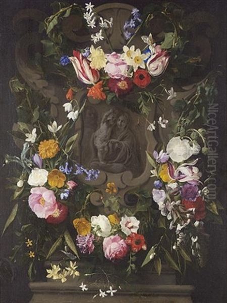 Roses, Narcissi, Tulips, Snowdrops, Morning Glory, Hyacinths, Jasmine And Other Flowers In A Garland Surrounding A Stone Cartouche With The Holy Family (collab. W/erasmus Quellinus) Oil Painting by Daniel Seghers