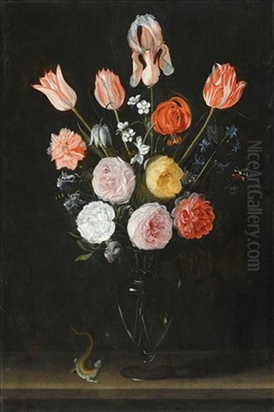 A Bouquet Of Flowers Including Tulips, Roses And Carnations, In A Glass Vase On A Stone Ledge With A Salamander Oil Painting by Daniel Seghers