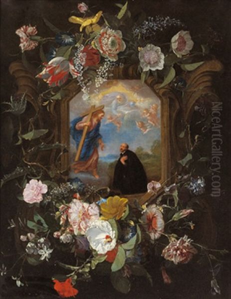 Eine Girlande Mit Rosen,tulpen, Nelken Und Anderen Bluten Um Eine Steinerne Kartusche Mit Der Vision Des Ignatius Von Loyola Oil Painting by Daniel Seghers