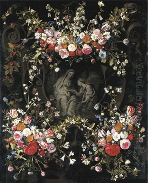 The Mystic Marriage Of Saint Catherine Within A Cartouche Surrounded By Garlands Of Narcissi, Peonies, Roses, Tulips, Columbine... Oil Painting by Daniel Seghers