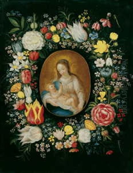 Ein Blumenkranz Um Eine Kartusche Mit Darstellung Von Madonna Und Kind Oil Painting by Daniel Seghers