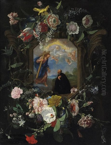 Eine Girlande Mit Rosen,tulpen, Nelken Und Anderen Bluten Um Eine Steinerne Kartusche Mit Der Vision Des Ignatius Von Loyola Oil Painting by Daniel Seghers