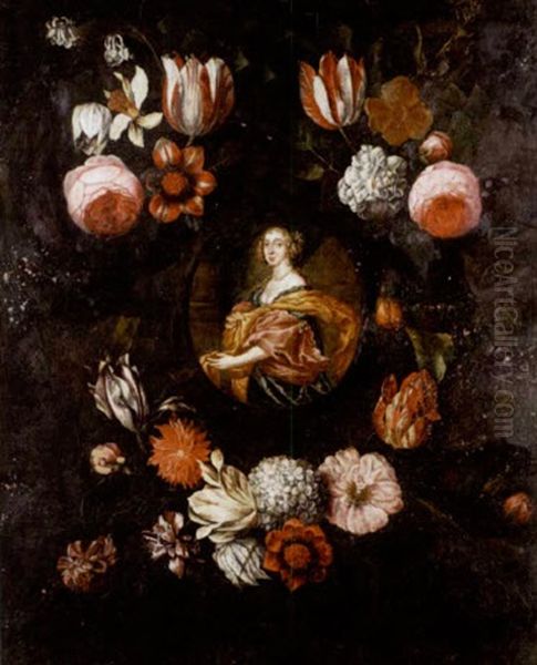 Portrait Of A Lady In A Blue Dress With Pink And Gold Wraps Surrounded By A Garland Of Flowers Oil Painting by Daniel Seghers