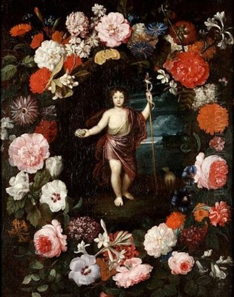 The Young Saint John The Baptist Within A Floral Surround Oil Painting by Daniel Seghers