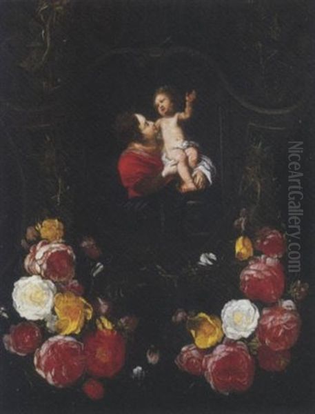 Madonna Con Bambino Entro Nicchia Di Pietra Con Ornamento A Voluta E Festone Di Fiori Oil Painting by Daniel Seghers