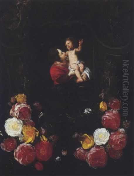 Madonna Con Bambino Entro Nicchia Di Pietra Con Ornamento A Voluta E Festone Di Fiori Oil Painting by Daniel Seghers