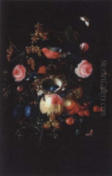 Arrangement Of Fruit, Flowers And Butterflies Around A Bird's Nest Oil Painting by Daniel Seghers