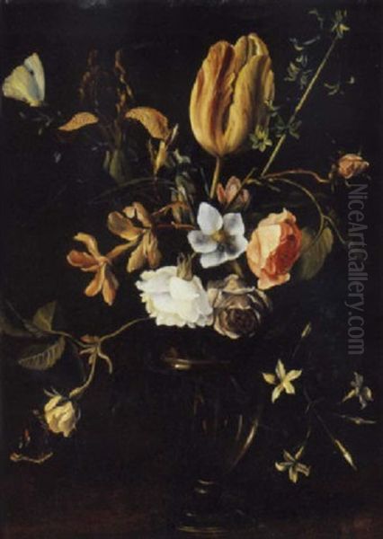 Roses, An Iris, A Tulip, Jasmine And Other Flowers In A Venetian Vase On A Ledge With Butterflies Oil Painting by Daniel Seghers