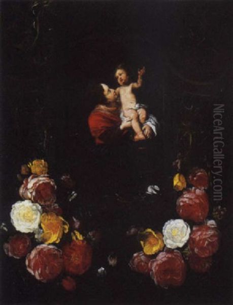 Madonna Con Bambino Entro Nicchia Di Pietra Con Ornamento A Voluta E Festone Di Fiori Oil Painting by Daniel Seghers