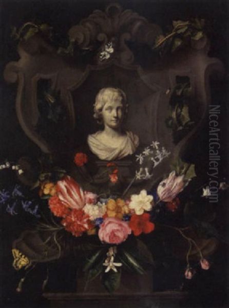 A Still Life With A Spray Of Flowers And A Cartouche Of A Child Oil Painting by Daniel Seghers