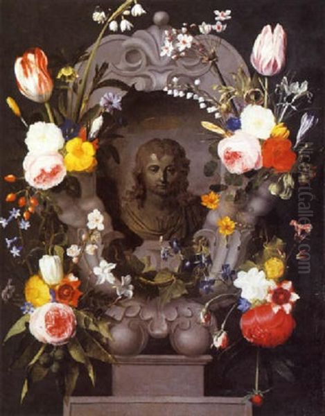 Couronne De Fleurs Entourant Un Cartouche Avec Un Buste D'enfant Oil Painting by Daniel Seghers