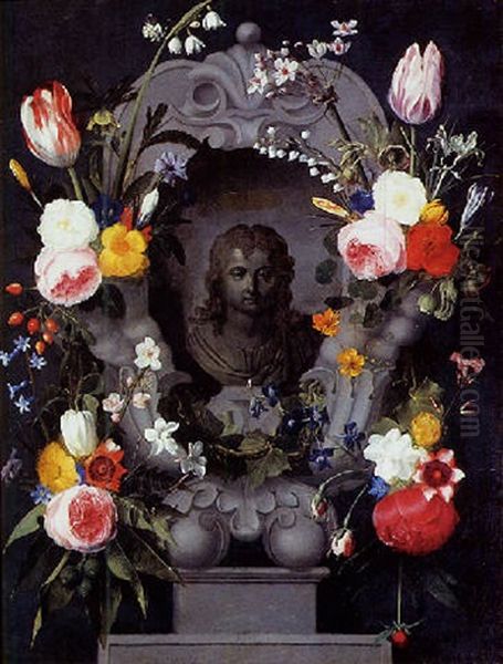 Couronne De Fleurs Entourant Un Cartouche Avec Un Buste D'enfant Oil Painting by Daniel Seghers