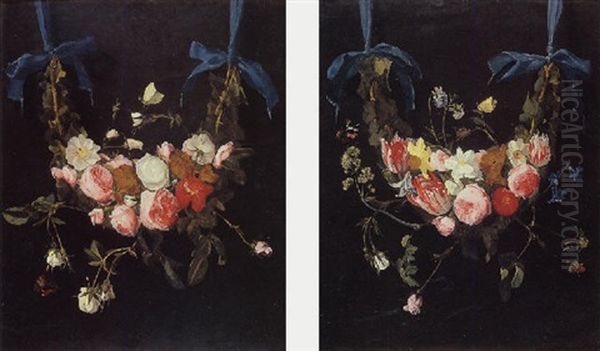 Wreath Of Roses, Tulips, Daffodils And Other Flowers Suspended From Blue Ribbons by Daniel Seghers