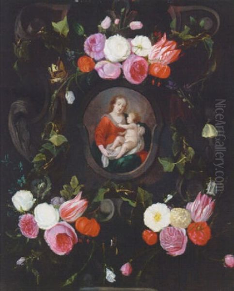 The Madonna And Child In A Feigned Cartouche, Surrounded By A Garland Of Flowers And Butterflies Oil Painting by Daniel Seghers