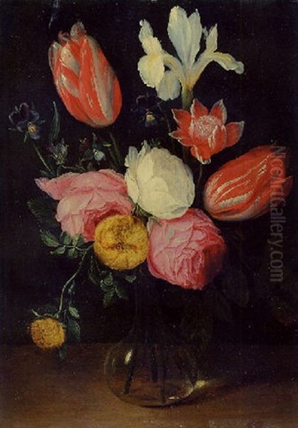 Roses, Tulips, An Iris, Pansies And An Anemone In A Glass Vase Oil Painting by Daniel Seghers