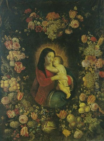 Madonna Mit Kind In Blumen- Und Fruchtenguirlande Oil Painting by Daniel Seghers