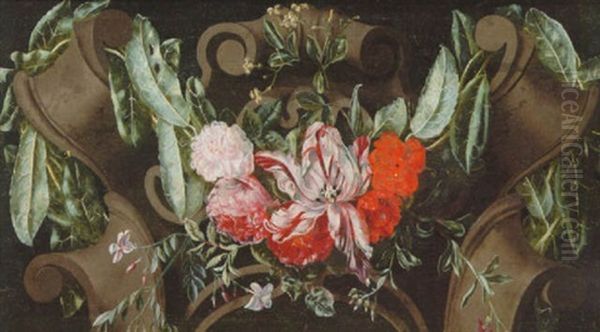 A Swag Of Roses, Carnations, Tulips And Other Flowers Adorning A Sculpted Urn Oil Painting by Daniel Seghers