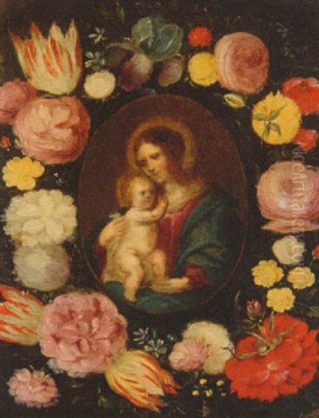 The Madonna And Child In A Medallion Surrounded By A Garland Of Flowers Oil Painting by Daniel Seghers