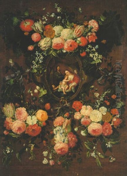 The Madonna And Child With The Infant St. John And Angels In A Stone Niche Surrounded By A Wreath Of Flowers Oil Painting by Daniel Seghers